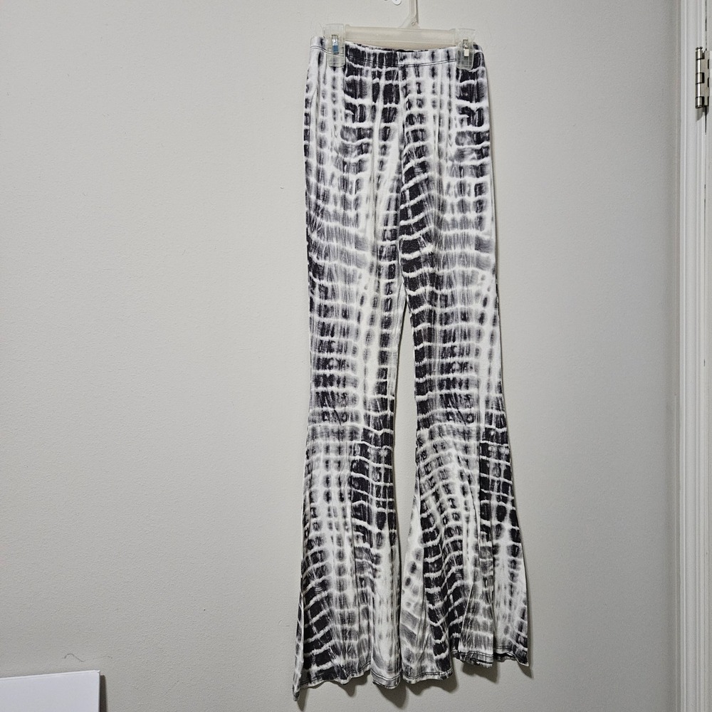 Fab'rik‎ Women Black White Tie Dye Flare Bell Bottom Pants Boho Lounge Medium